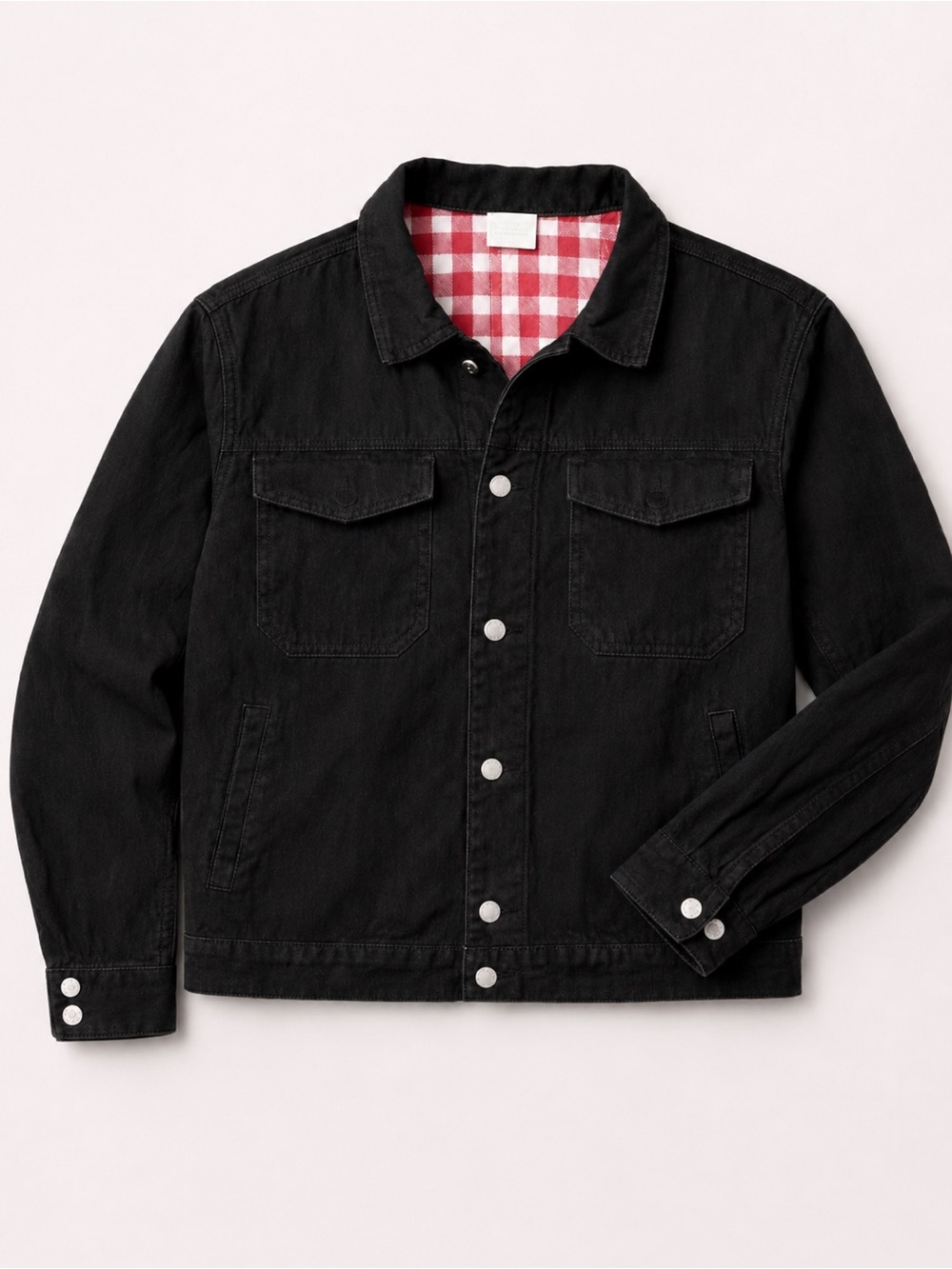 VINTAGE OLD NAVY Black Corduroy Trucker Jacket Red Plaid Flannel Lining L - XL